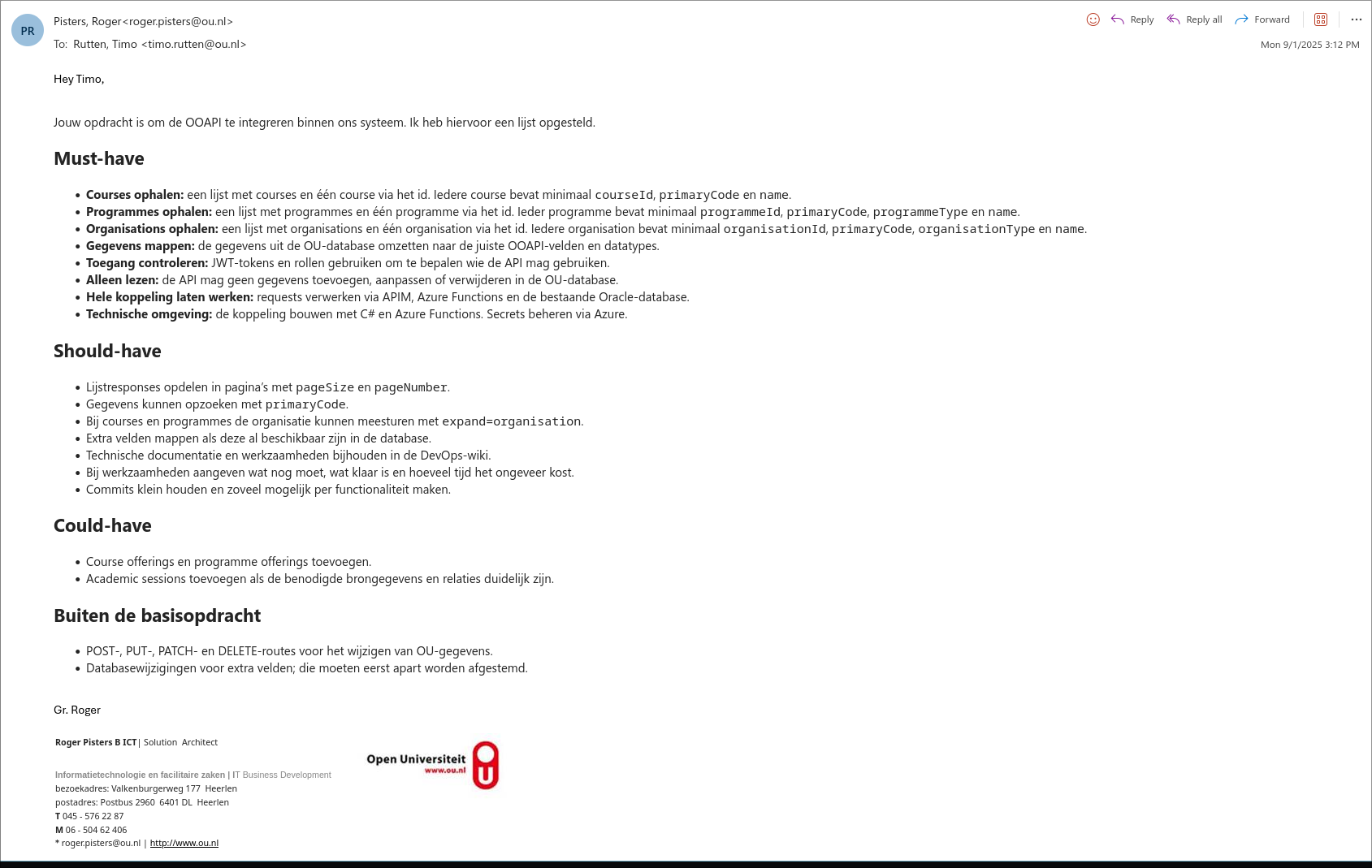E-mail met de opdracht en eisenlijst